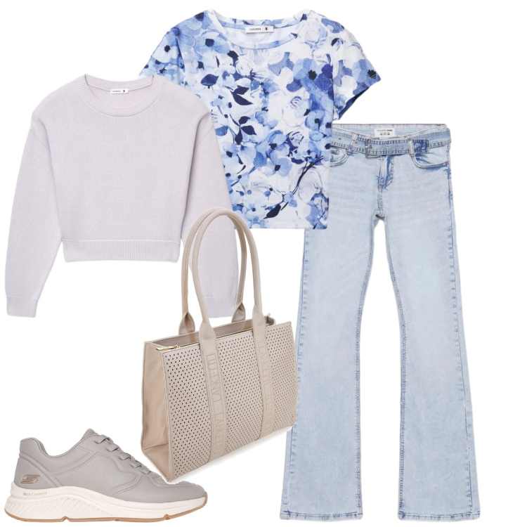 Outfit donna - Aprile. Stile Basic per Tutti i giorni. Abbinamento con sneakers, borse a spalla, jeans a zampa, maglieria, t-shirt.