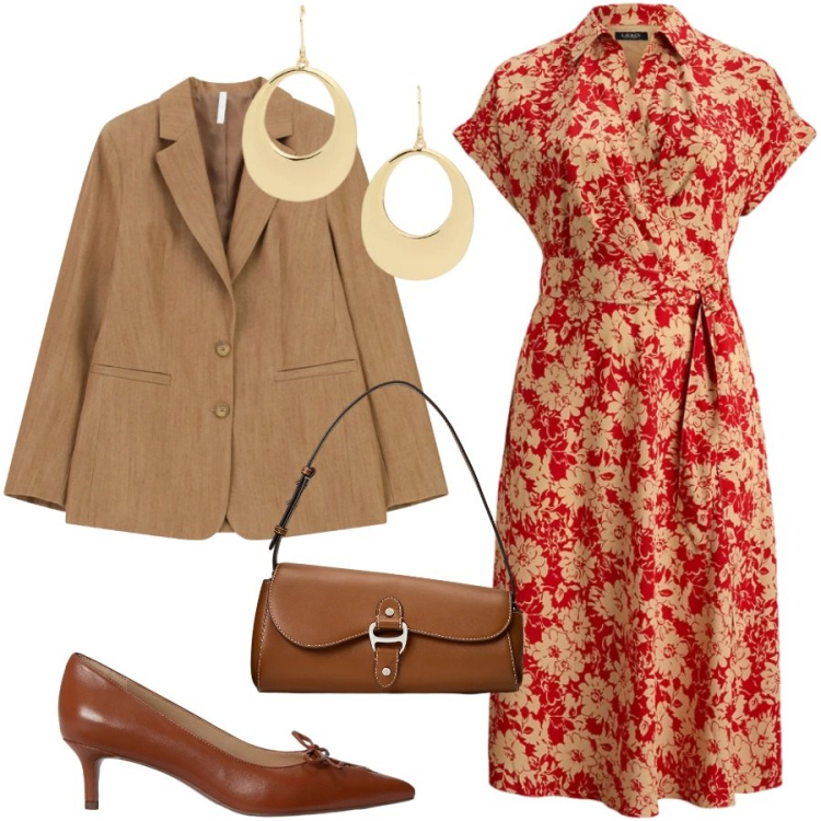 Outfit donna - Total look #2375956. Stile Bon Ton per Cerimonia. Abbinamento con blazer, borse a spalla, vestiti chemisier, décolleté, orecchini.