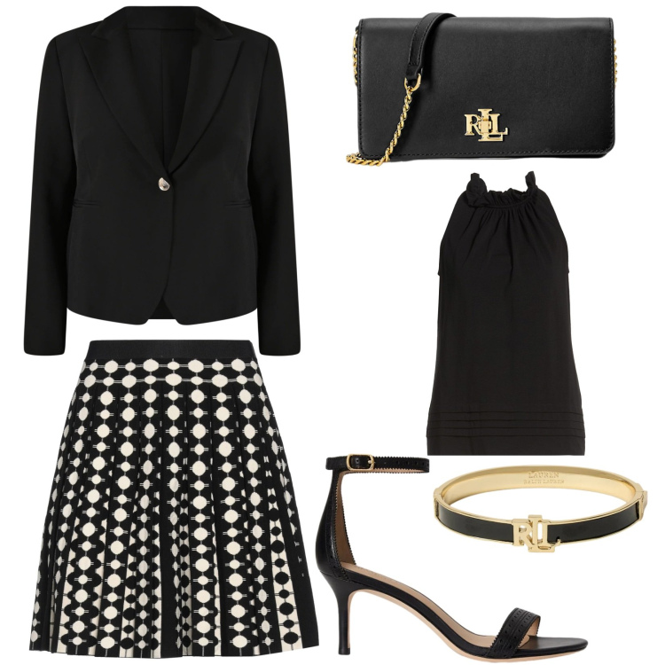 Outfit donna - Essere belle sempre. Stile Chic per Serata fuori. Abbinamento con minigonne, top, blazer, borse a mano, braccialetti, sandali in pelle.