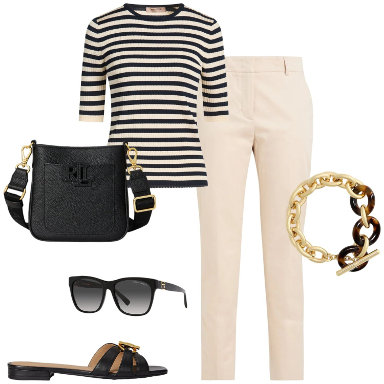 Outfit donna - Primavera. Stile Casual chic per Tutti i giorni. Abbinamento con pantaloni, pullovers, occhiali da sole, borse a tracolla, braccialetti, ciabatte.
