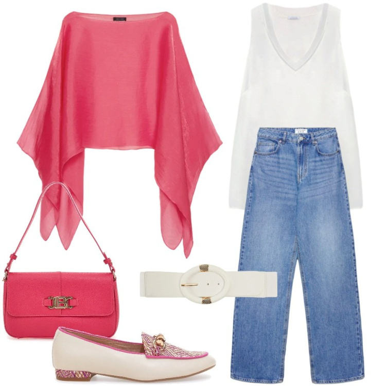 Outfit donna - Invito informale. Stile Casual chic per Cerimonia. Abbinamento con top, bolero, mocassini, borse a spalla, cinture, jeans.