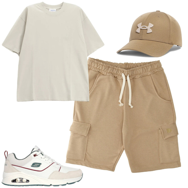 Outfit uomo - Aprile. Stile Casual per Tutti i giorni. Abbinamento con t-shirt, sneakers, pantaloni corti, cappelli con visiera.