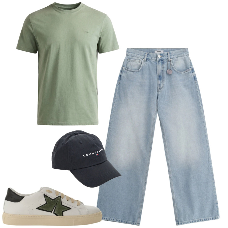 Outfit uomo - Aprile. Stile Casual per Tutti i giorni. Abbinamento con t-shirt, jeans, sneakers, cappelli con visiera.