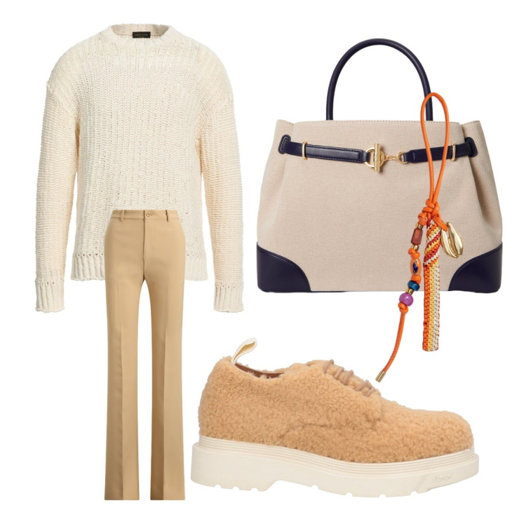 Outfit donna - Colori che illuminano - Focus Donna. Stile Basic per Ufficio. Abbinamento con pullovers, scarpe stringate, borse a mano, braccialetti, pantaloni.
