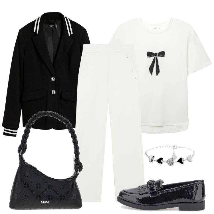 Outfit donna - Bianco nero e dettagli. Stile Casual chic per Tutti i giorni. Abbinamento con blazer, pantaloni, braccialetti, mocassini, t-shirt, borse a mano.