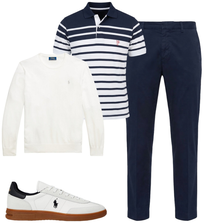 Outfit uomo - Urban classic. Stile Urban per Tutti i giorni. Abbinamento con polo, pantaloni chino, maglieria, sneakers.