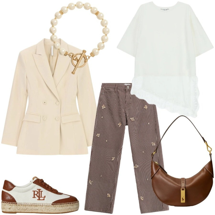 Outfit donna - Total look #2375975. Stile Casual chic per Tutti i giorni. Abbinamento con top, pantaloni a palazzo, blazer, collane, sneakers, borse a spalla.