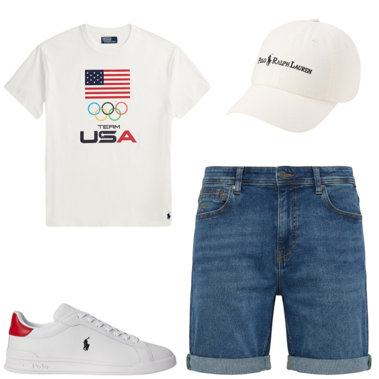 Outfit uomo - Weekend. Stile Casual per Tutti i giorni. Abbinamento con bermuda, cappelli, t-shirt, sneakers.
