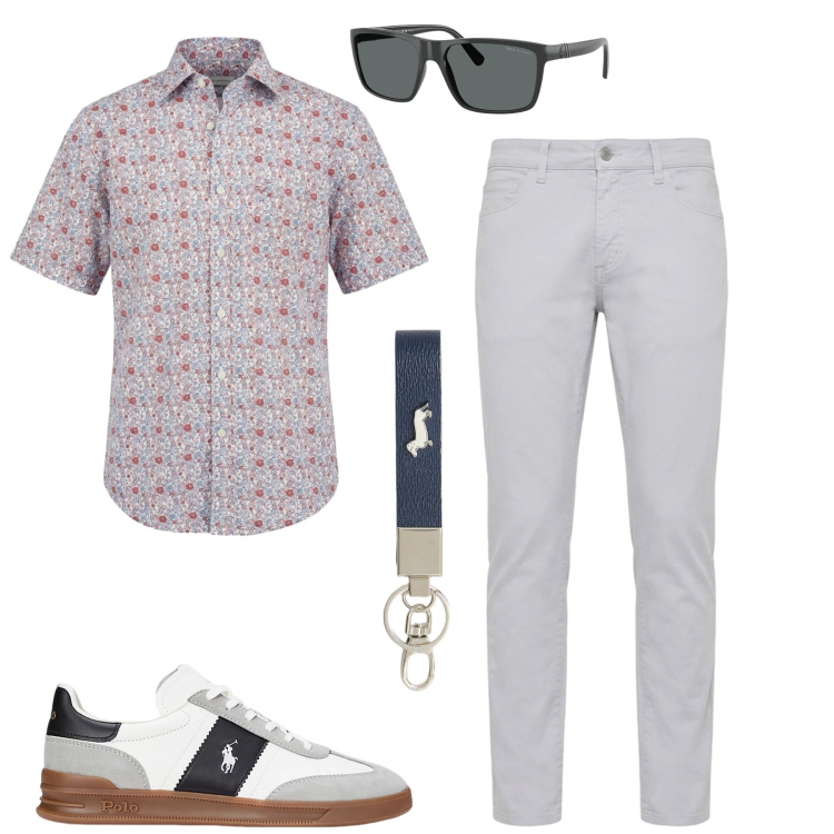 Outfit uomo - City. Stile Casual per Tutti i giorni. Abbinamento con portachiavi, pantaloni, camicie a manica corta, sneakers, occhiali da sole.