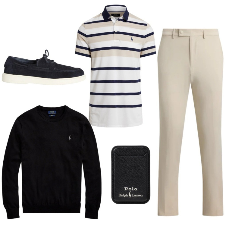 Outfit uomo - @ufficio.in.polo. Stile Casual per Ufficio. Abbinamento con scarpe stringate, maglieria, pantaloni, portafogli, polo.