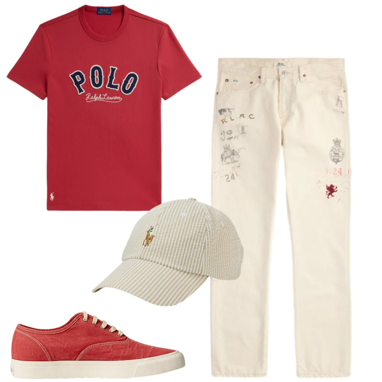 Outfit uomo - City. Stile Casual per Tutti i giorni. Abbinamento con sneakers, t-shirt, jeans dritti, cappelli con visiera.