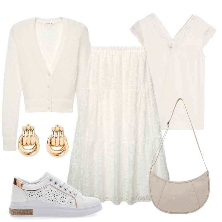 Outfit donna - Bianco in primavera. Stile Basic per Tutti i giorni. Abbinamento con orecchini, canottiere, borse a spalla, sneakers, cardigans, gonne lunghe.