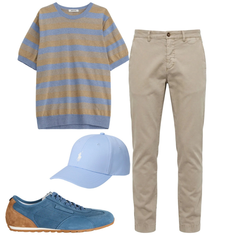 Outfit uomo - City. Stile Casual per Tutti i giorni. Abbinamento con sneakers, pantaloni chino, maglieria, cappelli.