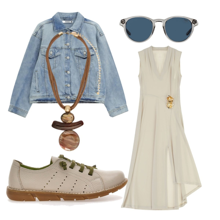 Outfit donna - White and denim chiaro. Stile Urban per Tutti i giorni. Abbinamento con ciondoli, vestiti midi/longuette, blazer, occhiali da sole, scarpe stringate.