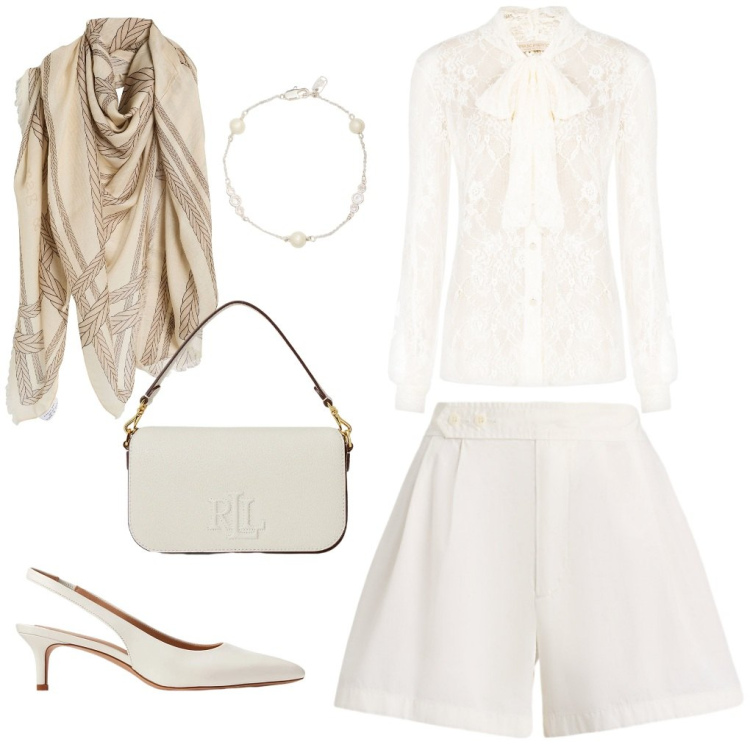 Outfit donna - @scialle.sulle.spalle. Stile Chic per Cerimonia. Abbinamento con sciarpe, camicie, décolleté, braccialetti, borse a spalla, shorts.