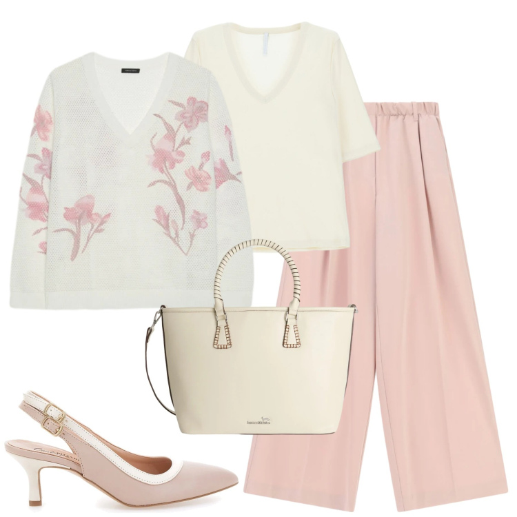 Outfit donna - Aprile. Stile Urban per Tutti i giorni. Abbinamento con maglieria, shopping bag, pantaloni a palazzo, t-shirt, décolleté.