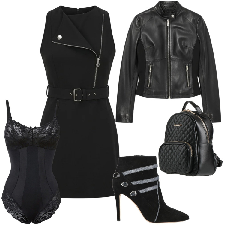 Outfit donna - Look idea. Stile Rock per Serata fuori. Abbinamento con zaini, stivaletti, body, giacche, vestiti corti.