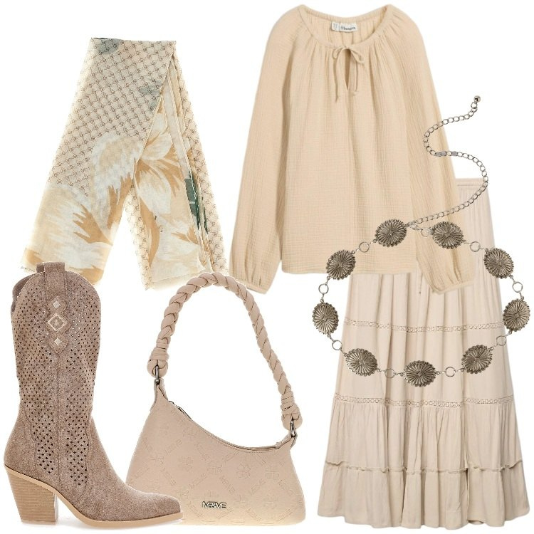 Outfit donna - Gonna midi eleganza e comfort - @laurafo. Stile Boho per Serata fuori. Abbinamento con bluse, cinture, gonne lunghe, borse a mano, stivaletti texani, foulard.