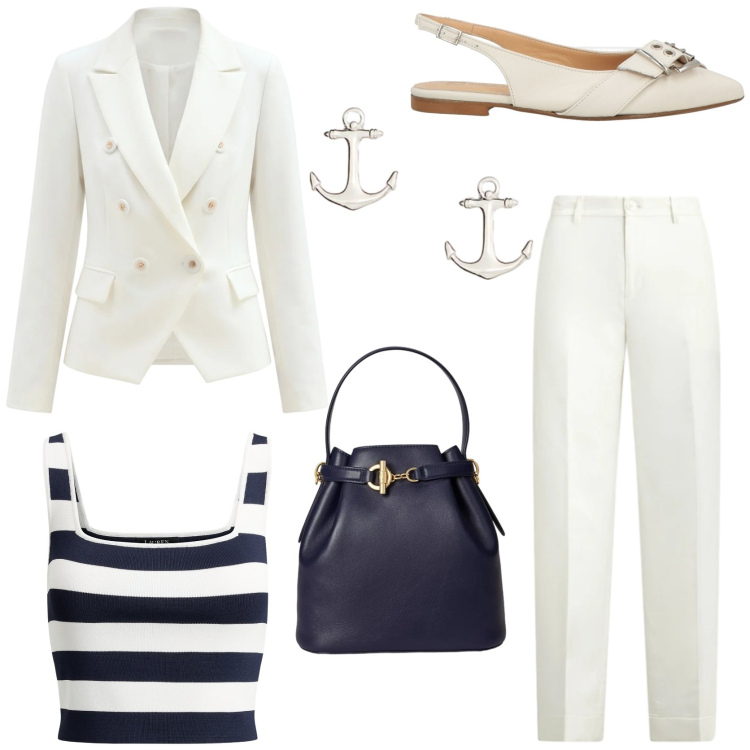 Outfit donna - Look marinier. Stile Chic per Tutti i giorni. Abbinamento con ballerine, blazer, pantaloni, top, borse a secchiello, orecchini.