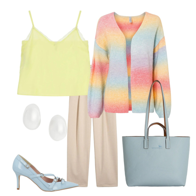 Outfit donna - Total look #2376001. Stile Casual chic per Ufficio. Abbinamento con décolleté, cardigans, pantaloni, shopping bag, canottiere, orecchini.