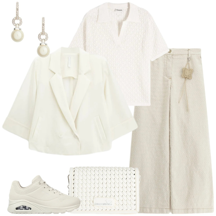 Outfit donna - Light as Cloud. Stile Casual per Scuola/Università. Abbinamento con polo, pantaloni a palazzo, borse a tracolla, blazer, orecchini, sneakers.