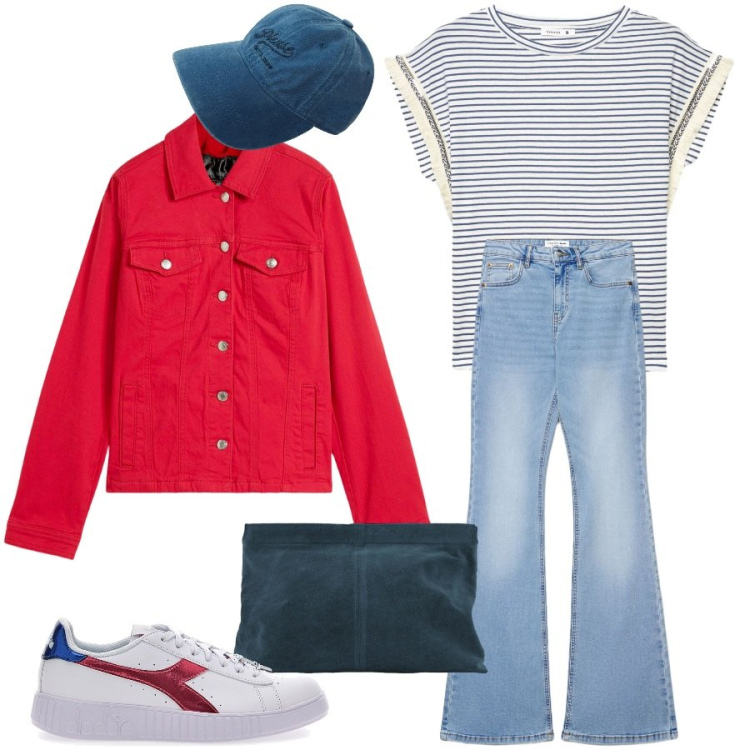 Outfit donna - Total look #2376007. Stile Casual per Tutti i giorni. Abbinamento con blazer, cappelli, sneakers, jeans a zampa, t-shirt, pochette.