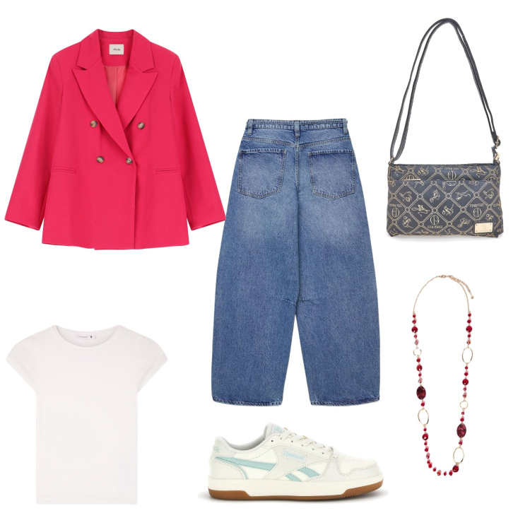 Outfit donna - Bentornata primavera. Stile Casual per Tutti i giorni. Abbinamento con collane, blazer, t-shirt, jeans, borse a tracolla, sneakers.