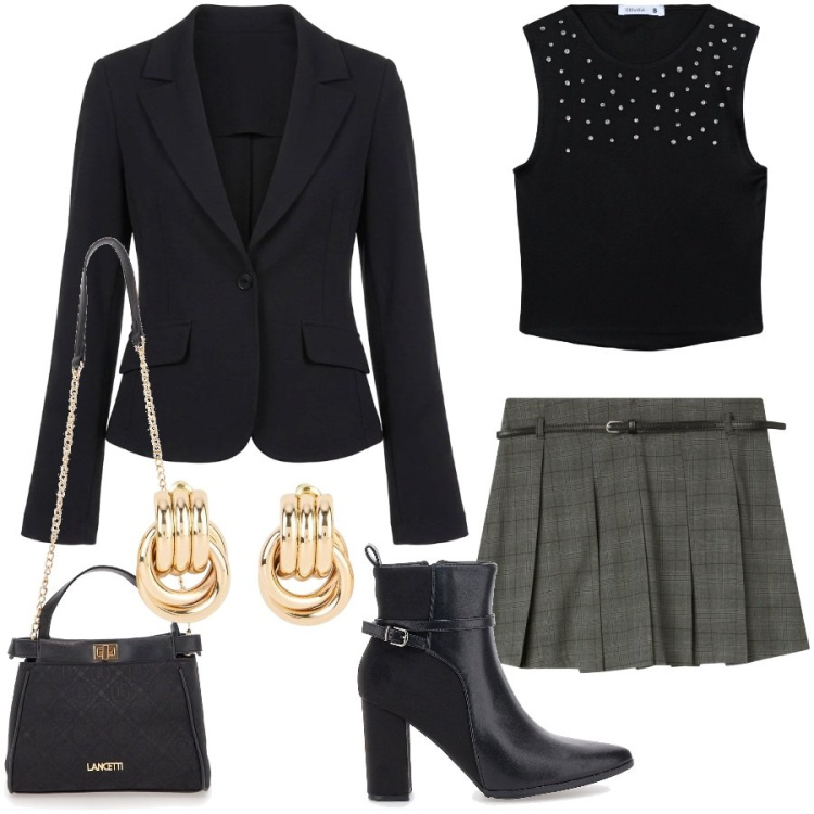 Outfit donna - Total look #2376013. Stile Urban per Serata fuori. Abbinamento con orecchini, blazer, borse a tracolla, top, minigonne, stivaletti.