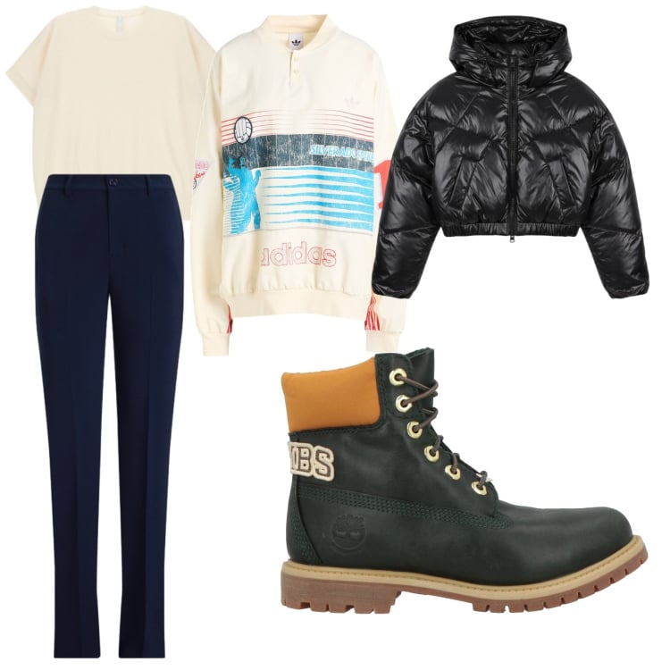 Outfit donna - Flaminia. Stile Basic per Tutti i giorni. Abbinamento con t-shirt, pantaloni, piumini, felpe, stivaletti.