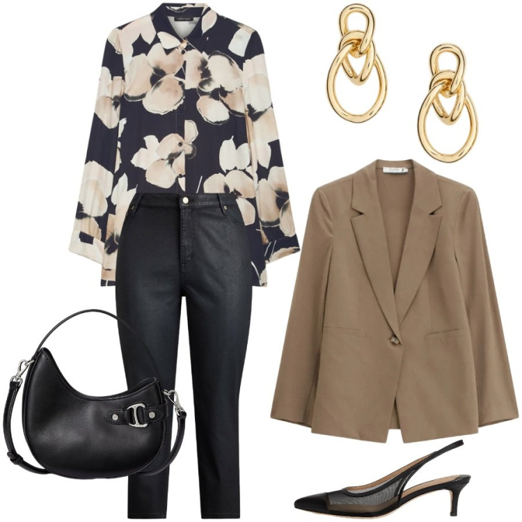 Outfit donna - Pranzo di lavoro. Stile Chic per Ufficio. Abbinamento con camicie, blazer, borse a tracolla, orecchini, jeans dritti, décolleté.