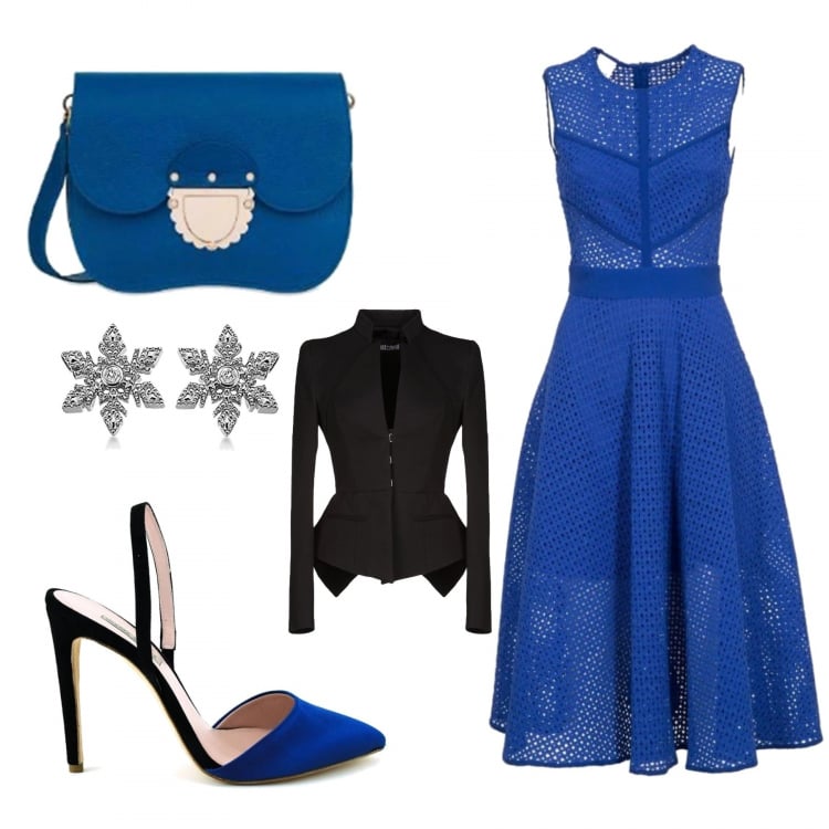 Outfit donna - Chic #2014. Stile Chic per Cerimonia. Abbinamento con giacca collo con revers a maniche lunghe interno foderato jersey, vestito con fiocco e pizzo con zip, sandali, sabot, mules e ciabattine trendy con cinturino in raso, orecchini in sterling 925 argento, borsa a tracolla in pelle con tracolla regolabile.