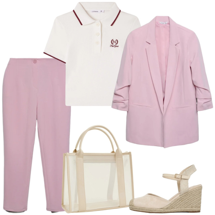 Outfit donna - In rosa. Stile Casual chic per Serata fuori. Abbinamento con pantaloni chino, blazer, polo, zeppe, borse tote.