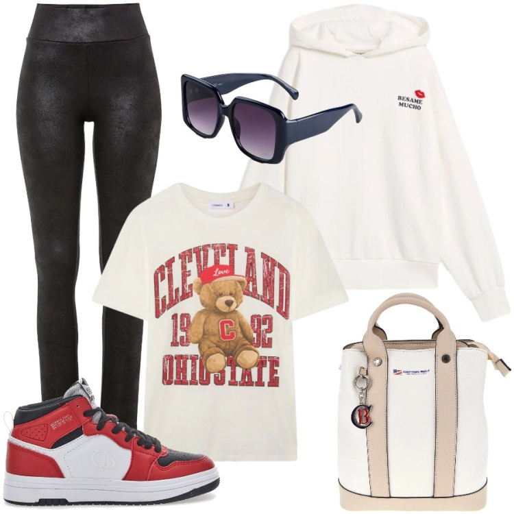 Outfit donna - Tempo libero. Stile Casual per Tutti i giorni. Abbinamento con leggings, occhiali da sole, felpe con cappuccio, sneakers, t-shirt, zaini.