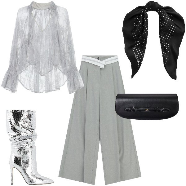 Outfit donna - Total look #2376034. Abbinamento con stivali, pantaloni a palazzo, bluse, foulard, clutch.