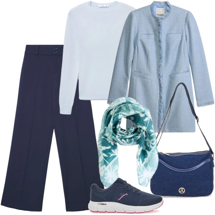 Outfit donna - Il pantalone protagonista di aprile. Stile Casual chic per Tutti i giorni. Abbinamento con blazer, foulard, sneakers, borse a tracolla, pantaloni, maglieria.