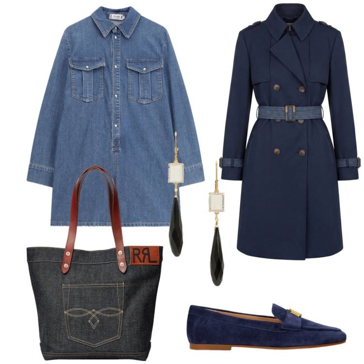 Outfit donna - Total look. Stile Urban per Tutti i giorni. Abbinamento con tuta corta, trench, borse tote, mocassini, orecchini.