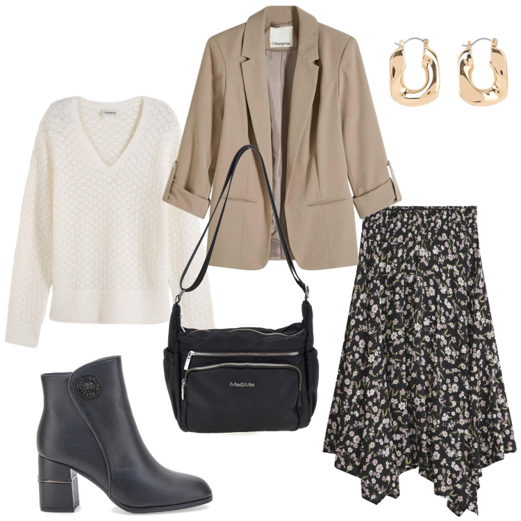 Outfit donna - Tessuto leggeri, linee fluide. Stile Casual chic per Ufficio. Abbinamento con orecchini, blazer, maglieria, gonne longuette, stivaletti, borse a tracolla.