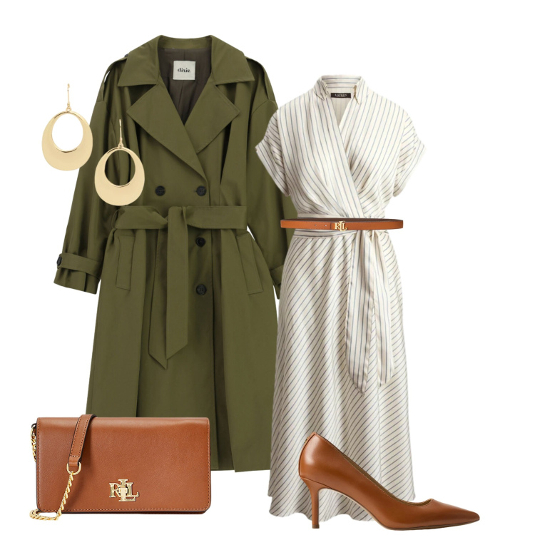 Outfit donna - Primavera alle porte. Stile Chic per Serata fuori. Abbinamento con trench, borse a mano, décolleté, orecchini, cinture, vestiti midi/longuette.