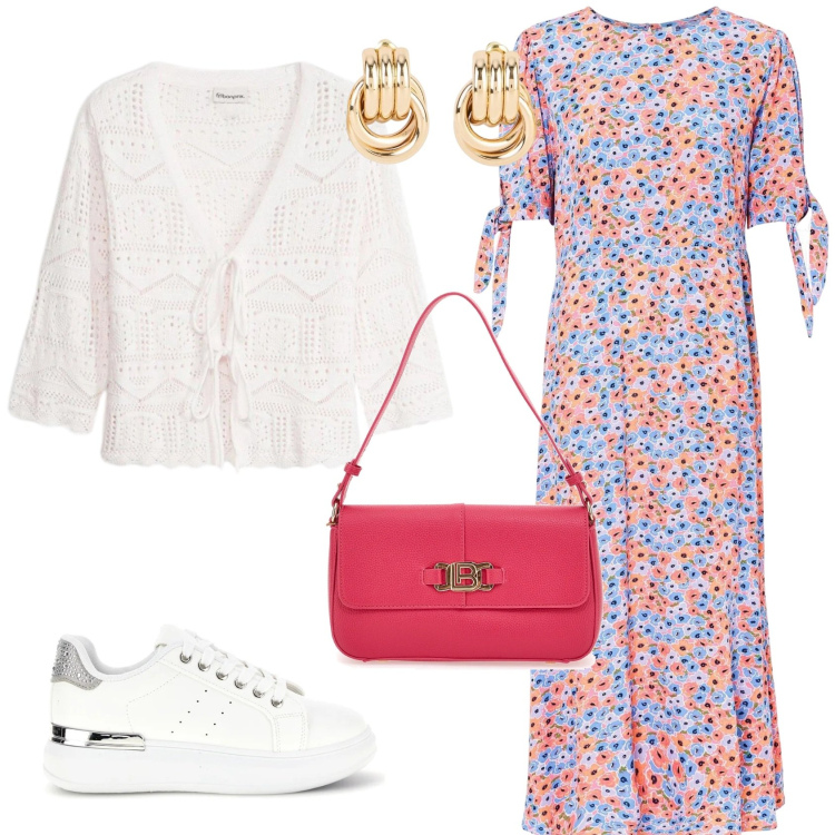 Outfit donna - Colori che illuminano. Stile Trendy per Tutti i giorni. Abbinamento con vestiti midi/longuette, orecchini, cardigans, borse a spalla, sneakers.