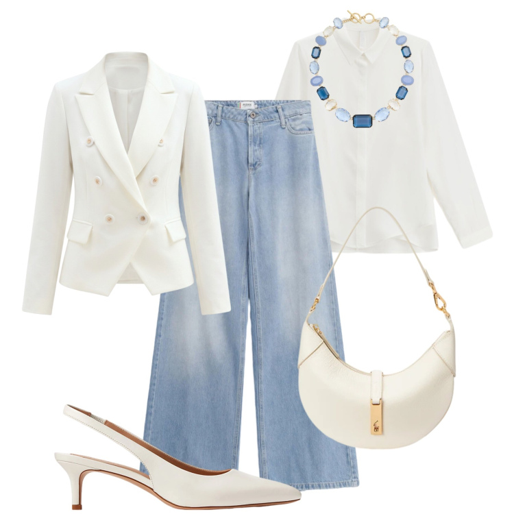 Outfit donna - Denim cielo e bianco light. Stile Casual chic per Serata fuori. Abbinamento con jeans, camicie, blazer, décolleté, borse a spalla, collane.