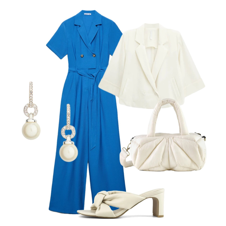 Outfit donna - Luminosa sino a sera. Stile Casual chic per Tutti i giorni. Abbinamento con blazer, borse a mano, orecchini, sandali col tacco, tute.