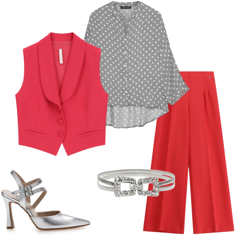 Outfit donna - Colori che illuminano. Stile Casual chic per Serata fuori. Abbinamento con camicie, pantaloni a palazzo, gilet, cinture, décolleté.