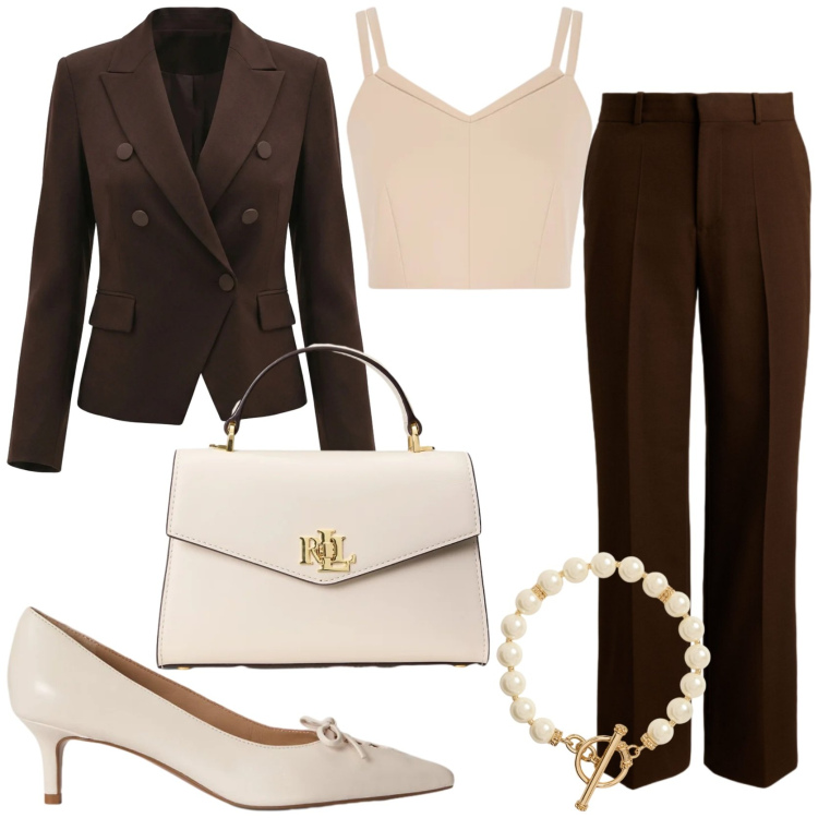 Outfit donna - Eleganza moderna e discreta. Stile Chic per Tutti i giorni. Abbinamento con top, blazer, borse a mano, pantaloni, décolleté, collane.