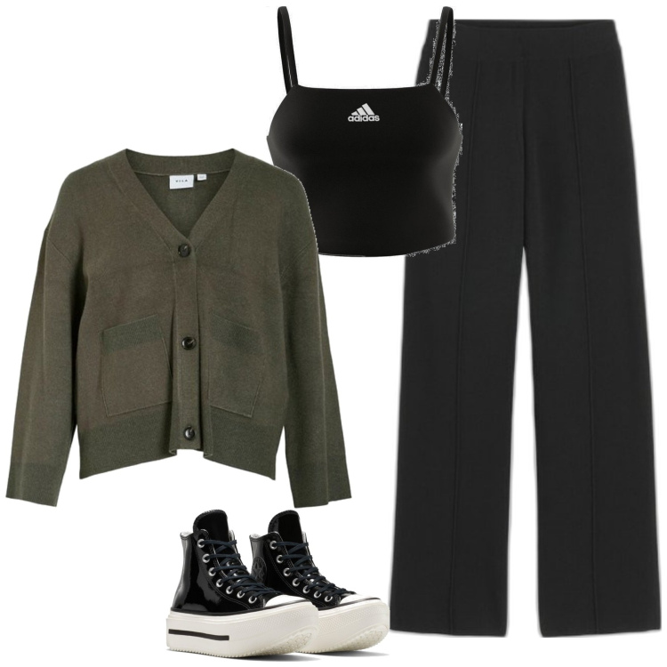 Outfit mujer - Basic #1510. Estilo Basic para Todos los días. Combinación con top, sneakers, pantalones, cárdigans.