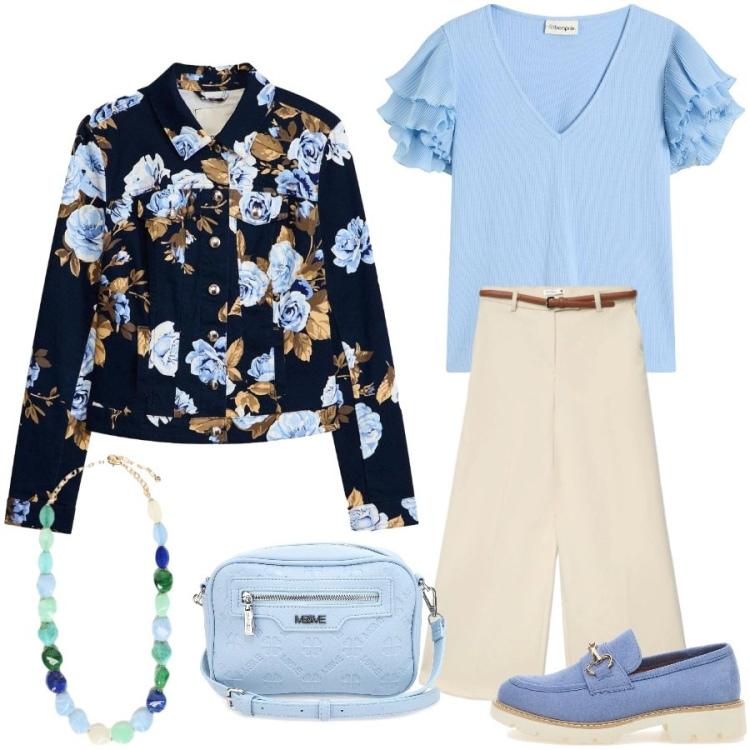 Outfit donna - Rose sul giubbino primaverile. Stile Romantica per Tutti i giorni. Abbinamento con bluse, blazer, collane, mocassini, borse a tracolla, pantaloni.