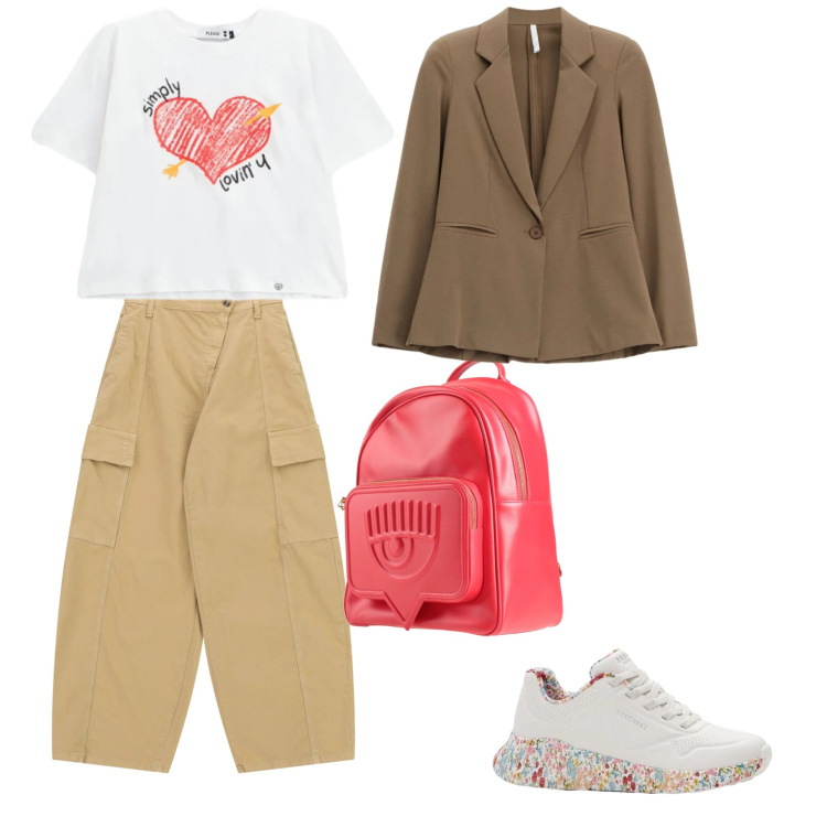 Outfit donna - Minimal chic. Stile Minimal per Tutti i giorni. Abbinamento con zaini, sneakers, t-shirt, pantaloni cargo, blazer.