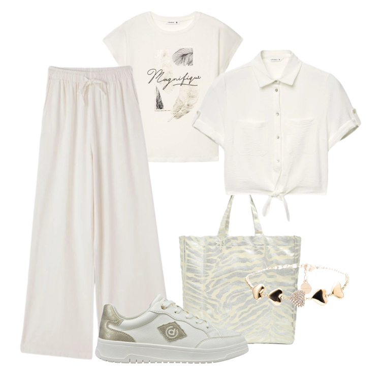 Outfit donna - Sportiva bianco e oro. Stile Casual per Tutti i giorni. Abbinamento con braccialetti, camicie a manica corta, t-shirt, shopping bag, pantaloni, sneakers.