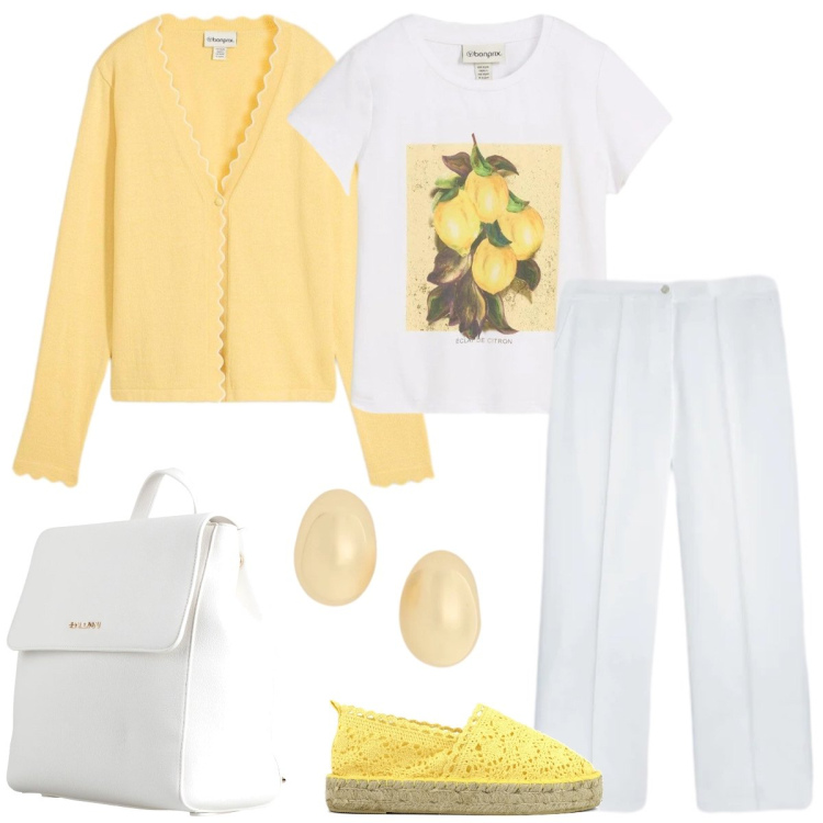 Outfit donna - Total look #2376069. Stile Casual per Scuola/Università. Abbinamento con zaini, t-shirt, cardigans, pantaloni, orecchini, espadrillas.