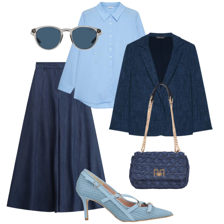 Outfit donna - Effetto denim fluido. Stile Glamour per Ufficio. Abbinamento con décolleté, blazer, camicie, pantaloni a palazzo, borse a spalla, occhiali da sole.
