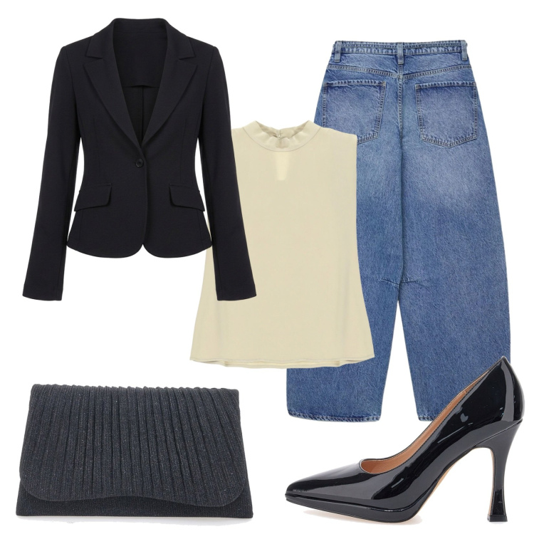 Outfit donna - Sere di primavera. Stile Casual chic per Tutti i giorni. Abbinamento con blazer, top, clutch, décolleté, jeans.
